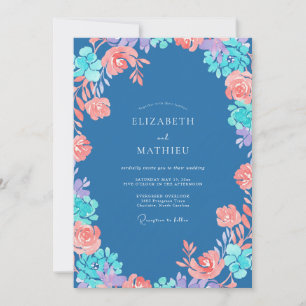 Stahlblaue Korallen-Blumen-Watercolor-Hochzeit Einladung