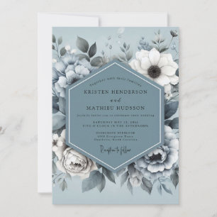 Stahlblaue Monochrome Flora-Hochzeit Einladung