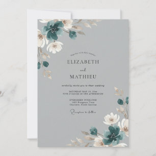 Stahlblaue Pfingstrosen-Hochzeit Einladung