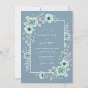 Stahlblaue ruhige botanische Hochzeit Einladung