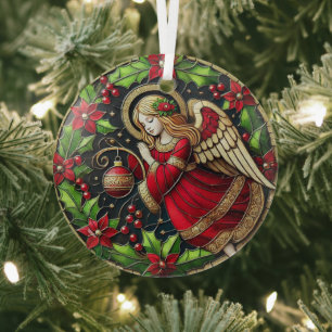 Stain Glass Christmas Angel und Poinsettias Ornament Aus Glas