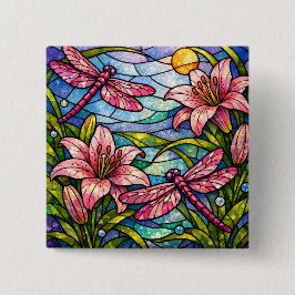 Stain Glass Lilies and Dragonflies Pink Button