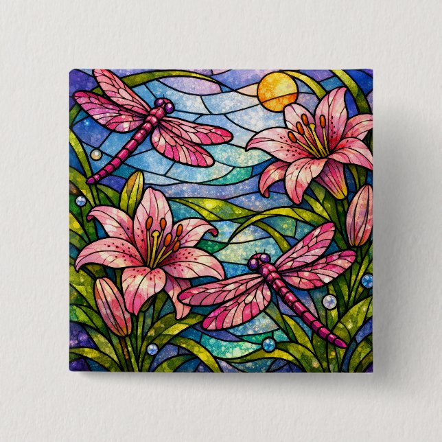 Stain Glass Lilies and Dragonflies Pink Button (Vorderseite)