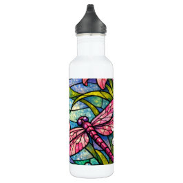 Stain Glass Lilies and Dragonflies Pink Edelstahlflasche