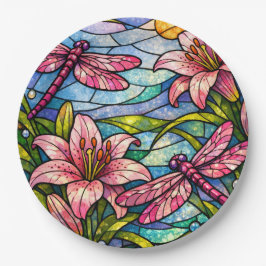 Stain Glass Lilies and Dragonflies Pink Pappteller