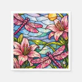 Stain Glass Lilies and Dragonflies Pink Serviette