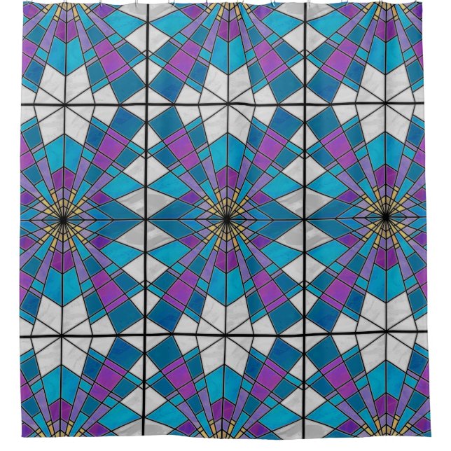 Stain Glass Ray Blau und Lila Duschvorhang (Vorderseite)
