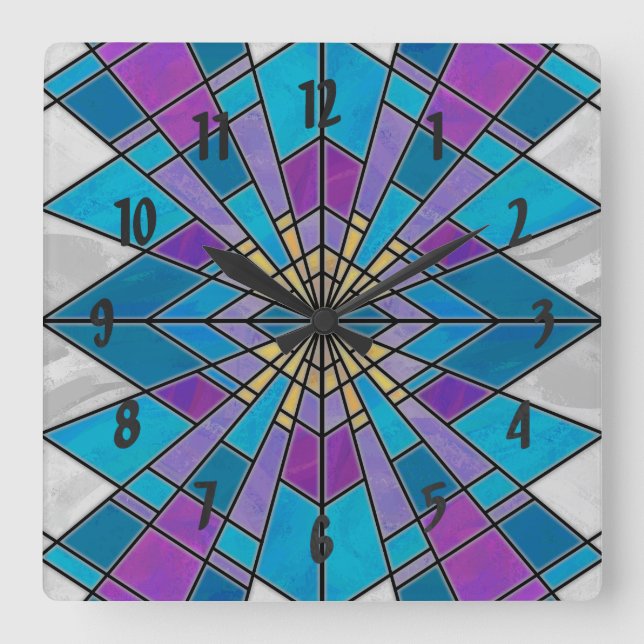 Stain Glass Ray Blau und Lila Quadratische Wanduhr (Vorderseite)