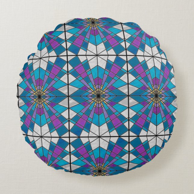 Stain Glass Ray Blau und Lila Rundes Kissen (Vorderseite)