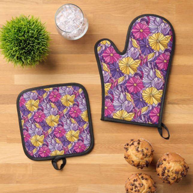 Stained Glass Abstract Purple Yellow Pink Ofenhandschuh & Topflappen-Set (Oben Unten)