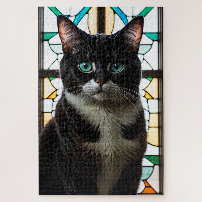 Stained Glass Black and White Cat Jigsaw Puzzle (Vertikal)