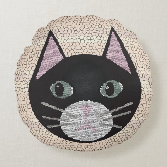 Stained Glass Black Cat, Beige Rundes Kissen (Vorderseite)