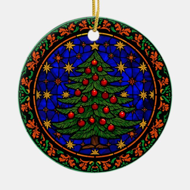 Stained Glass Blue Night Christmas Tree Keramik Ornament (Vorne)