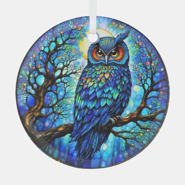 Stained-Glass Blue Owl Circular Glass Ornament Aus Glas (Vorderseite)