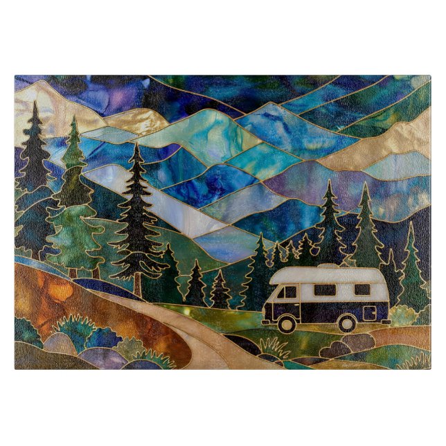 Stained Glass Camper Mountain Landscape Schneidebrett (Vorderseite)