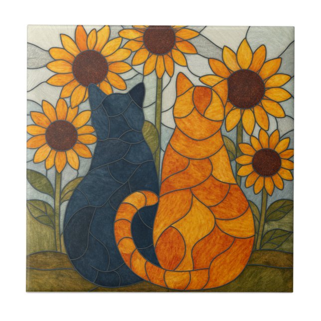 Stained Glass Cats and Sunflowers Art Design Fliese (Vorderseite)