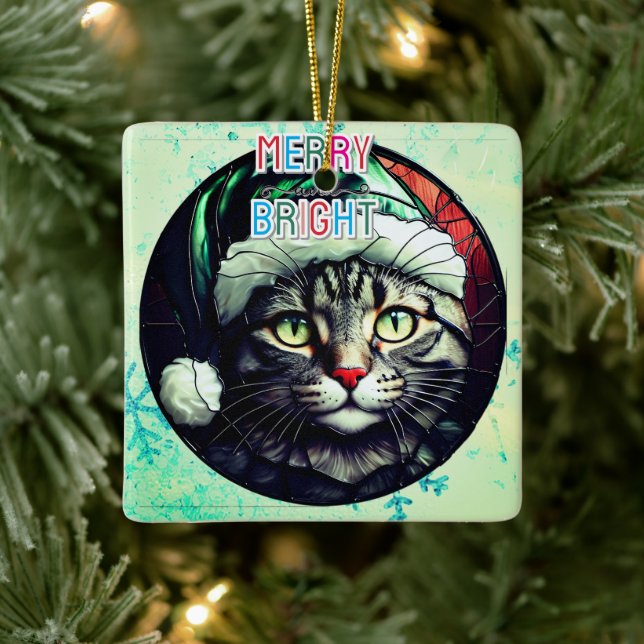 Stained-Glass Christmas Grey Tabby In Green Hat Keramikornament (Baum)