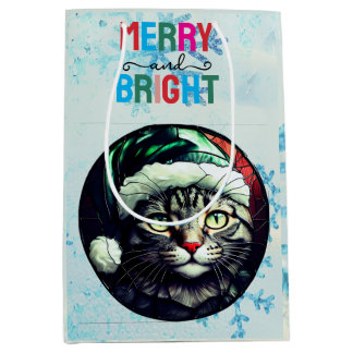 Stained-Glass Christmas Grey Tabby In Green Hat Mittlere Geschenktüte
