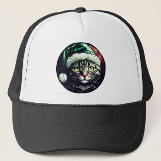 Stained-Glass Christmas Grey Tabby In Green Hat Truckerkappe