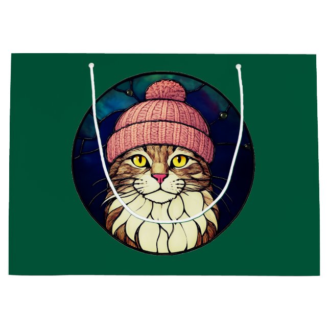 Stained-Glass Christmas Tabby Cat In Pink Cap Große Geschenktüte (Vorderseite)