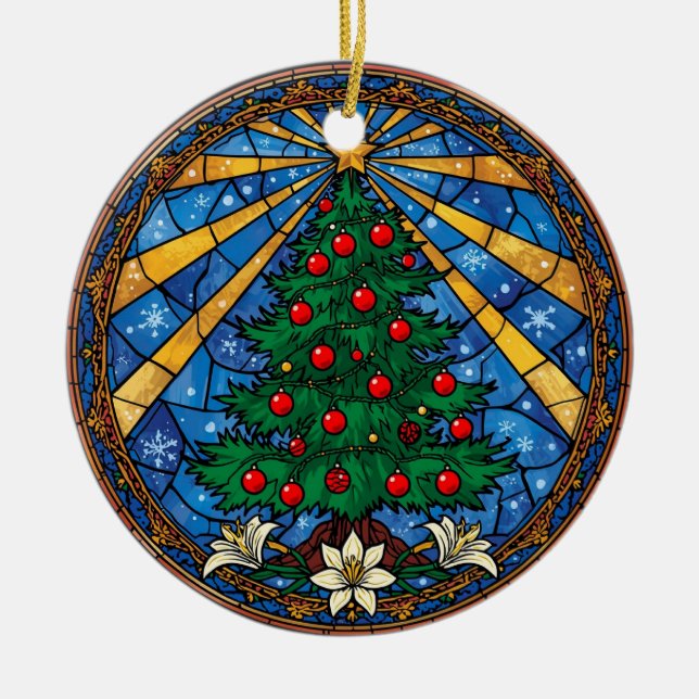 Stained Glass Christmas Tree & Lilies Keramik Ornament (Vorne)
