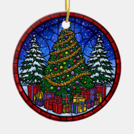 Stained Glass Christmas Tree with Presents Keramik Ornament