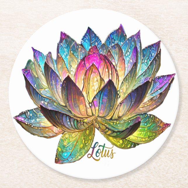 Stained Glass Colorful Lotus Flower on White  Runder Pappuntersetzer (Vorderseite)