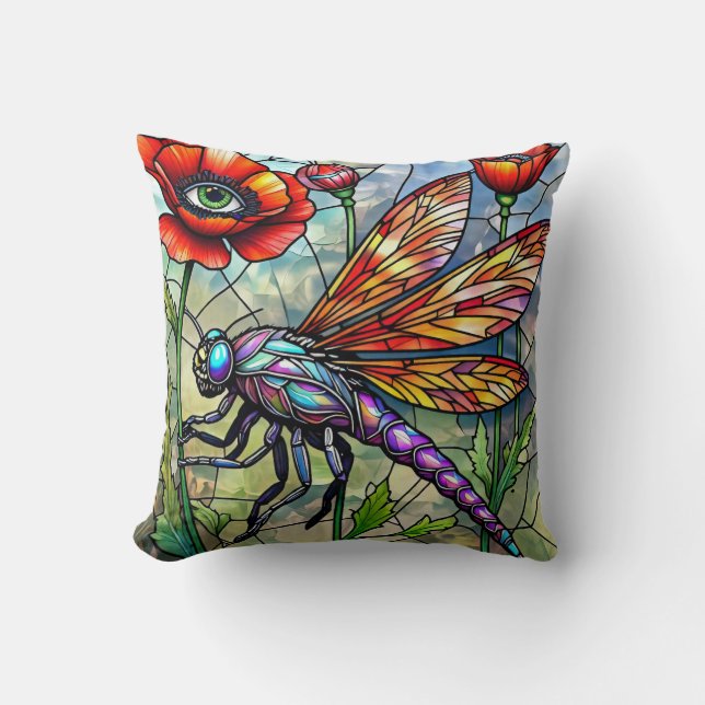 Stained Glass Dragonfly Poppies Unique Eye Art  Kissen (Vorderseite)