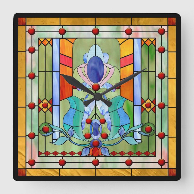 Stained Glass Fantasy Quadratische Wanduhr (Vorderseite)