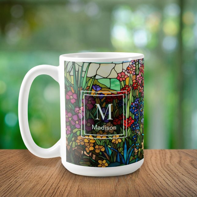 Stained Glass Floral Design Monogram Name Mug Kaffeetasse (Von Creator hochgeladen)