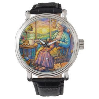 Stained Glass Grandma Knitting, Cat & Cozy Home  Armbanduhr