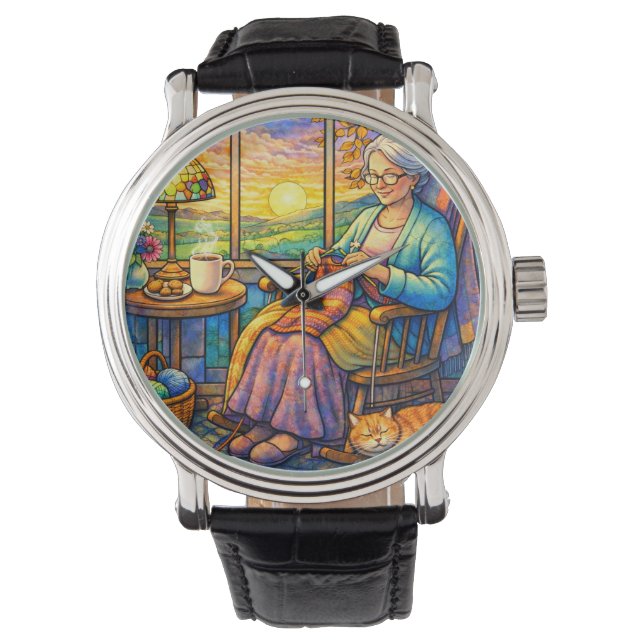 Stained Glass Grandma Knitting, Cat & Cozy Home  Armbanduhr (Vorderseite)