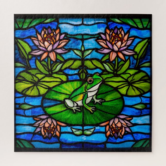 Stained Glass Green Frog and Water Lily Flowers  (Vertikal)