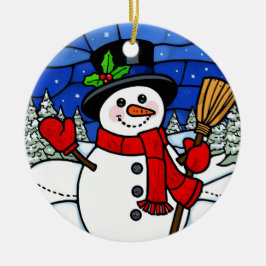 Stained Glass Happy Snowman Keramik Ornament