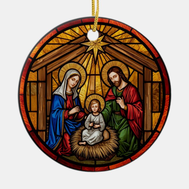 Stained Glass Holy Family Nativity Keramik Ornament (Vorne)