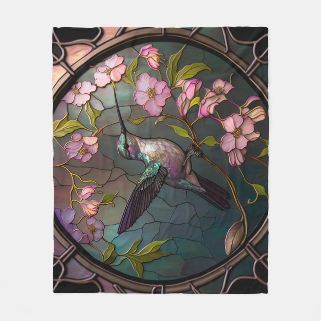 Stained Glass Hummingbird Pattern Spring Flowers Fleecedecke (Vorderseite)