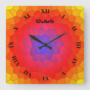 Stained Glass In Blue Purple Red Imitation Quadratische Wanduhr