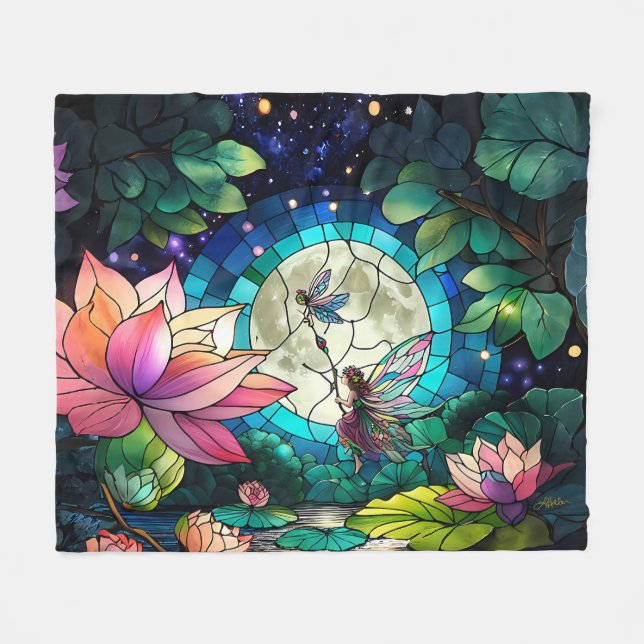 Stained Glass Little Fairy With Dragonfly Fleecedecke (Vorderseite (Horizontal))