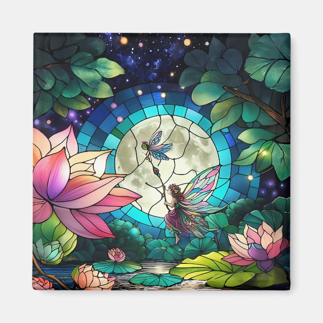 Stained Glass Little Fairy With Dragonfly Magnet (Vorne)