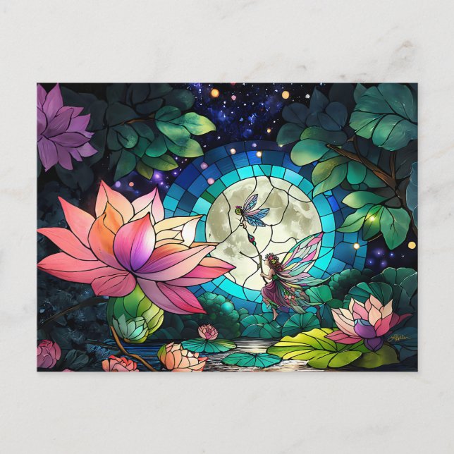 Stained Glass Little Fairy With Dragonfly Postkarte (Vorderseite)