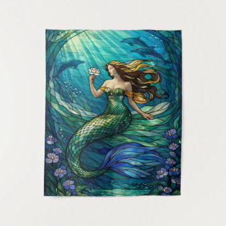 Stained Glass Mermaid Tapestry Wandteppich