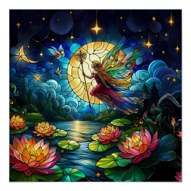 Stained Glass Moonlight Flight Fairy  Poster (Vorderseite)