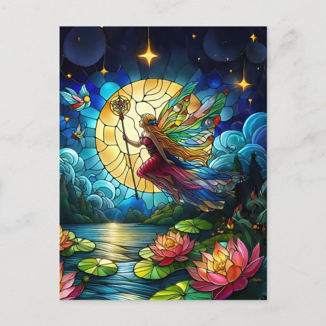 Stained Glass Moonlight Flight Fairy  Postkarte (Vorderseite)