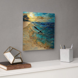 Stained Glass Ocean Beach Wall Clock Quadratische Wanduhr