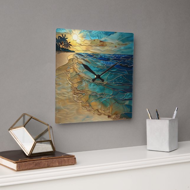 Stained Glass Ocean Beach Wall Clock Quadratische Wanduhr (Büro)