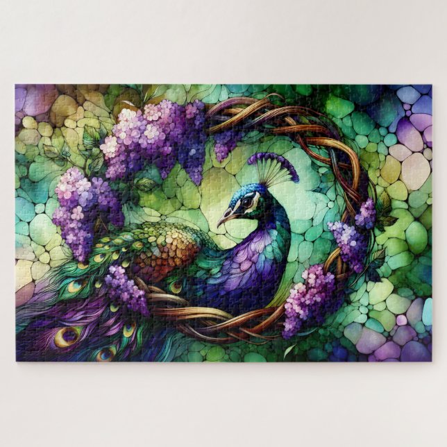 Stained Glass Peacock Floral Wreath Art (Horizontal)
