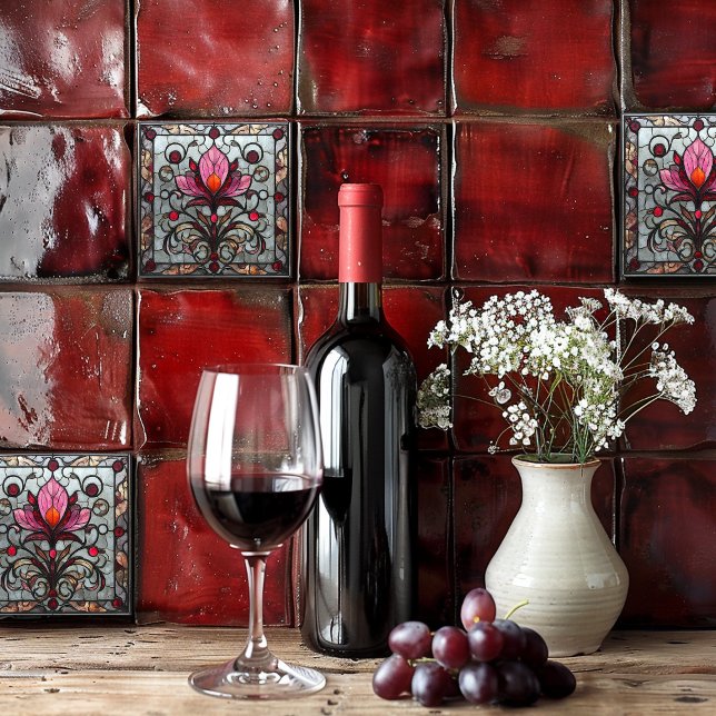 Stained Glass Red Pink Flower Fliese (Von Creator hochgeladen)