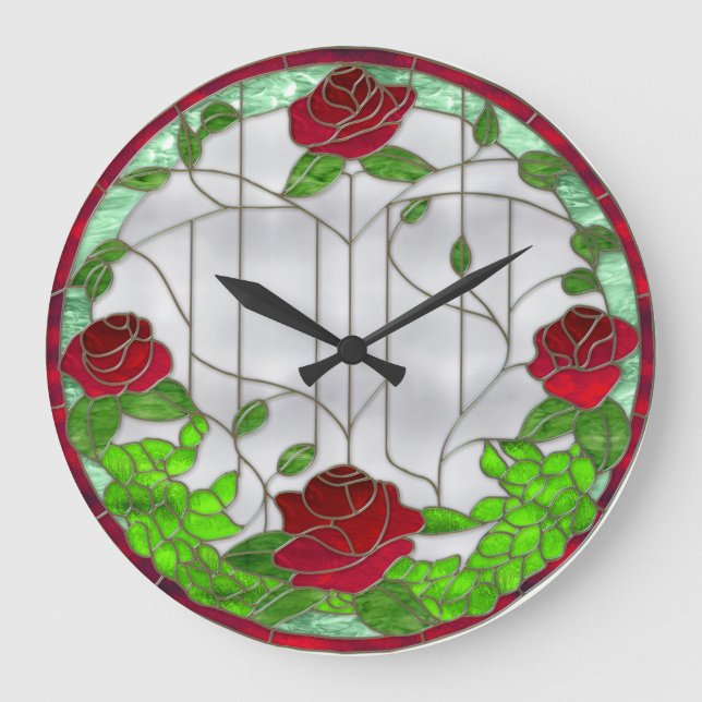 Stained Glass Red Roses Große Wanduhr (Vorderseite)