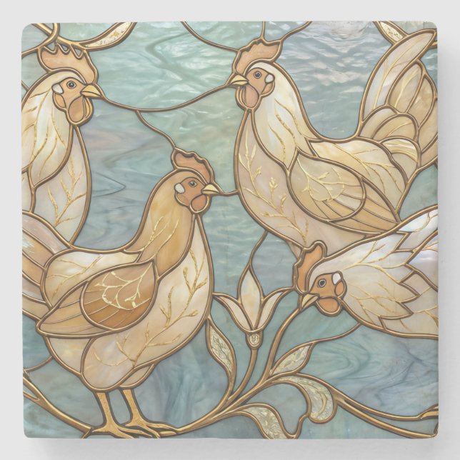 Stained Glass Roosters Elegant Chicken Farmhouse Steinuntersetzer (Vorderseite)