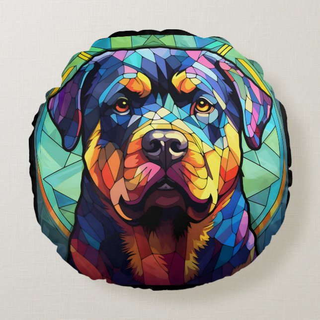 Stained Glass Rottweiler  Rundes Kissen (Vorderseite)